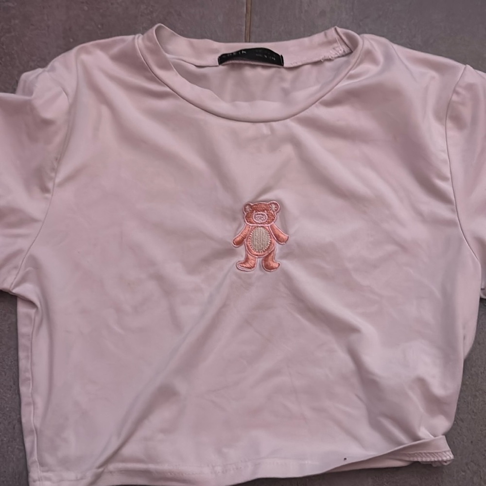 •shein pink bear white cropped top